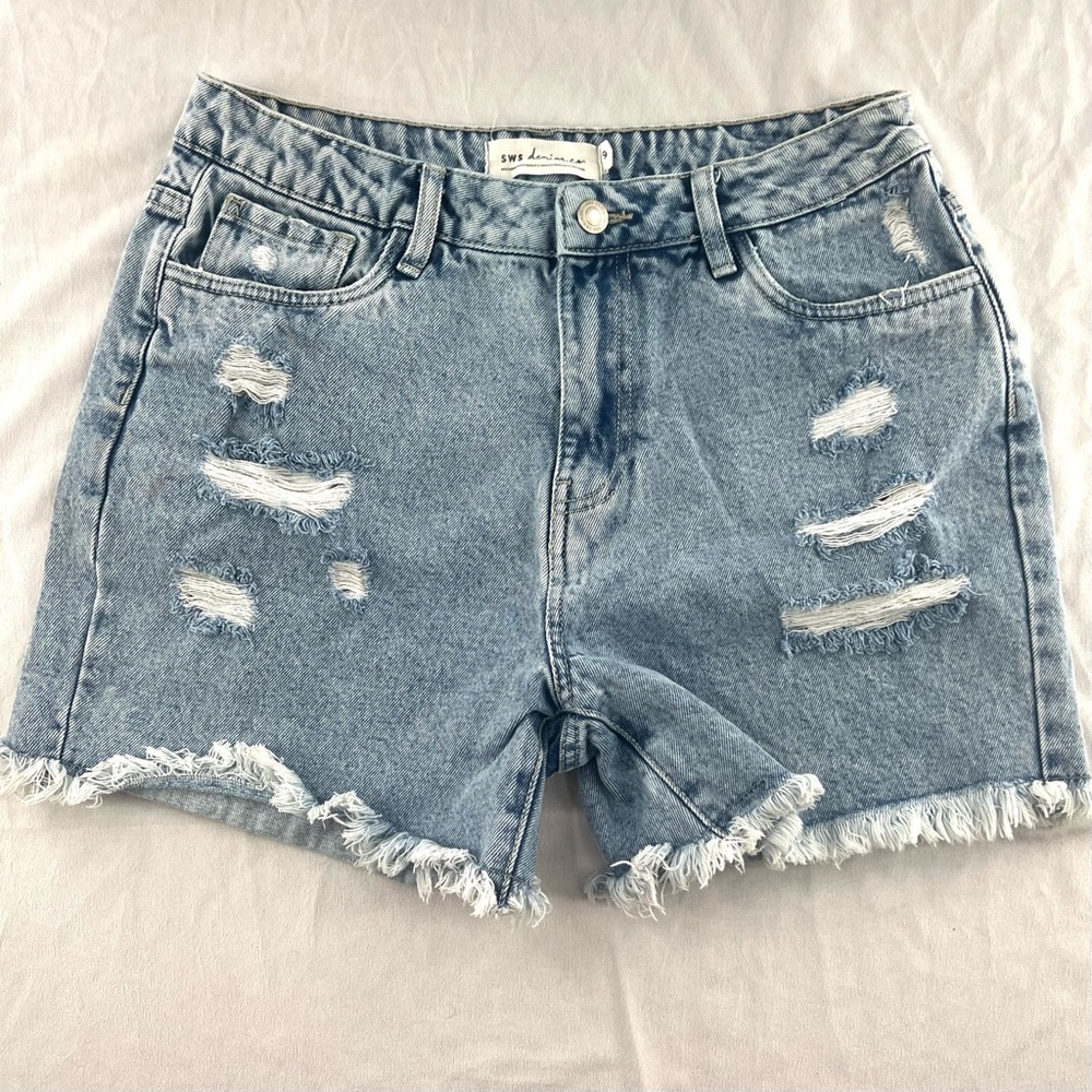 Blue Distressed Jean Shorts with Frayed Hem